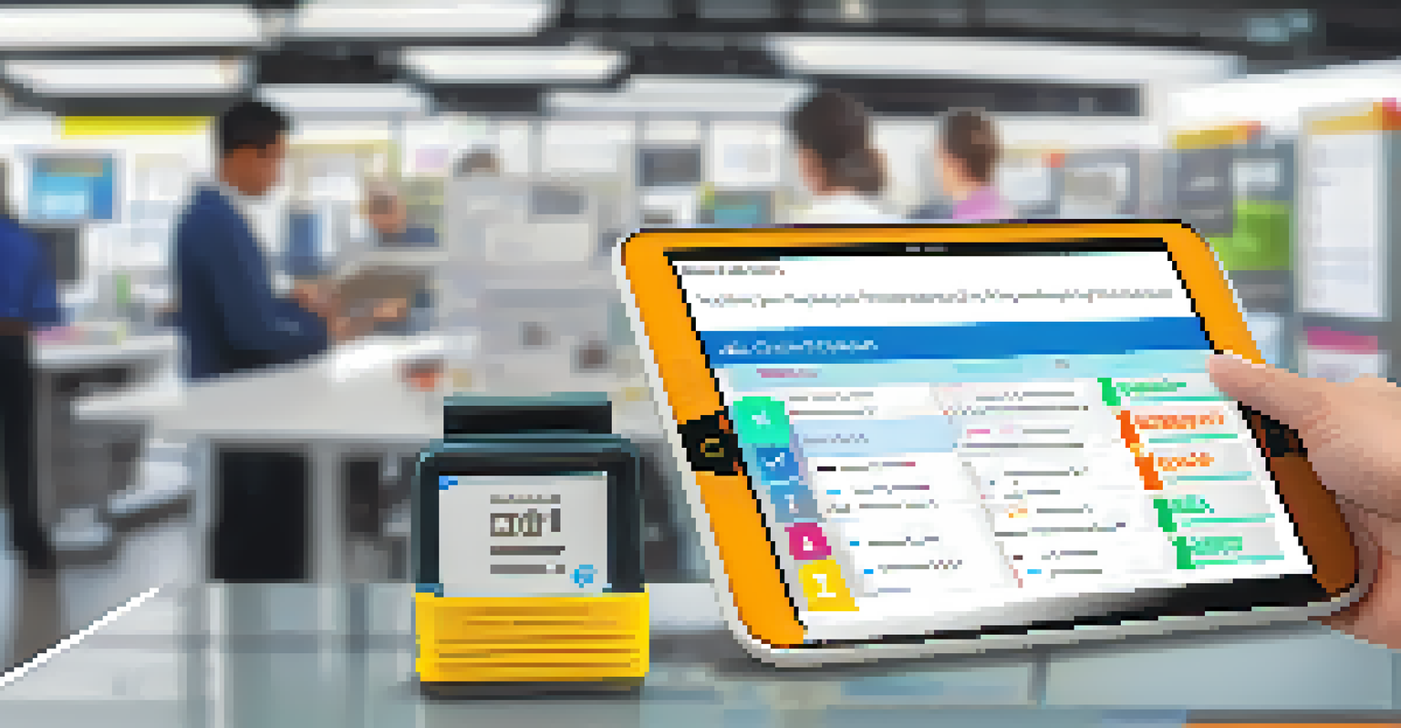 A digital tablet showing a colorful inspection checklist app interface, set against a blurred background of a busy workplace.