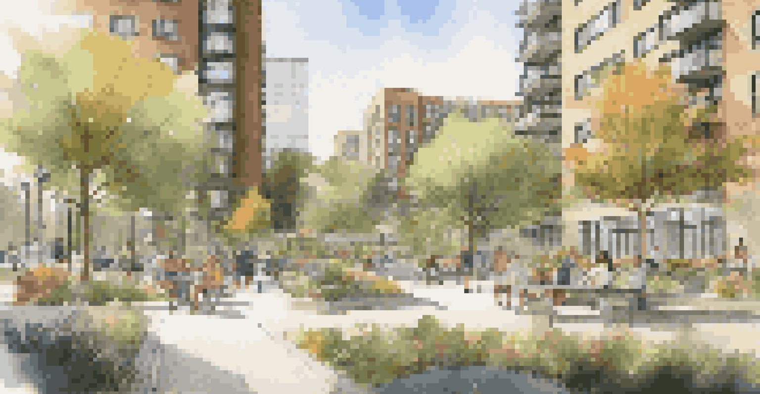A peaceful park with families enjoying outdoor activities, surrounded by modern residential buildings.