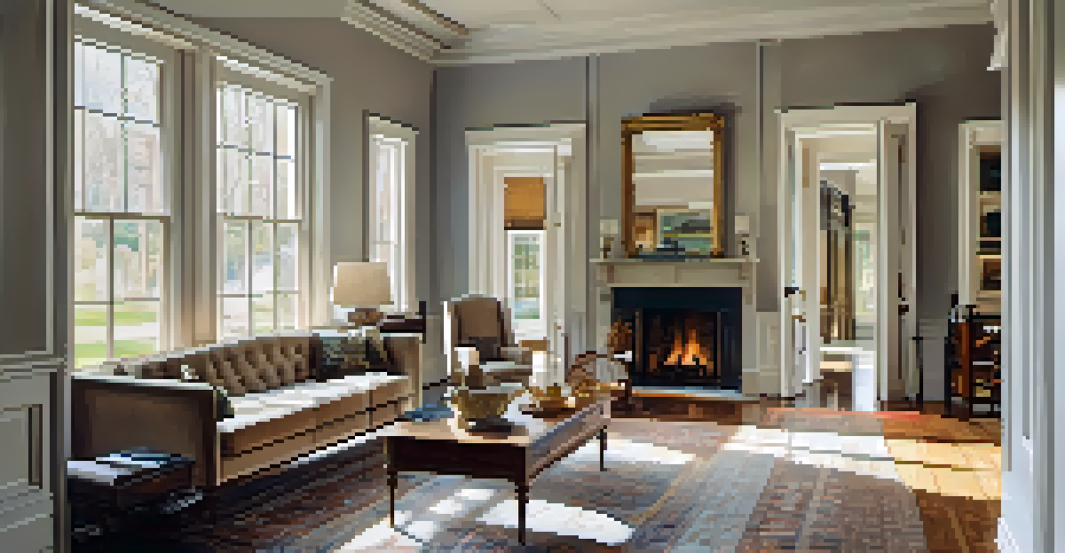 The interior of a historic home with an open floor plan, wide doorways, and modern furnishings, filled with natural light.