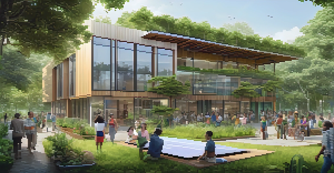 A sustainable building with solar panels and green surroundings, with people participating in community activities.