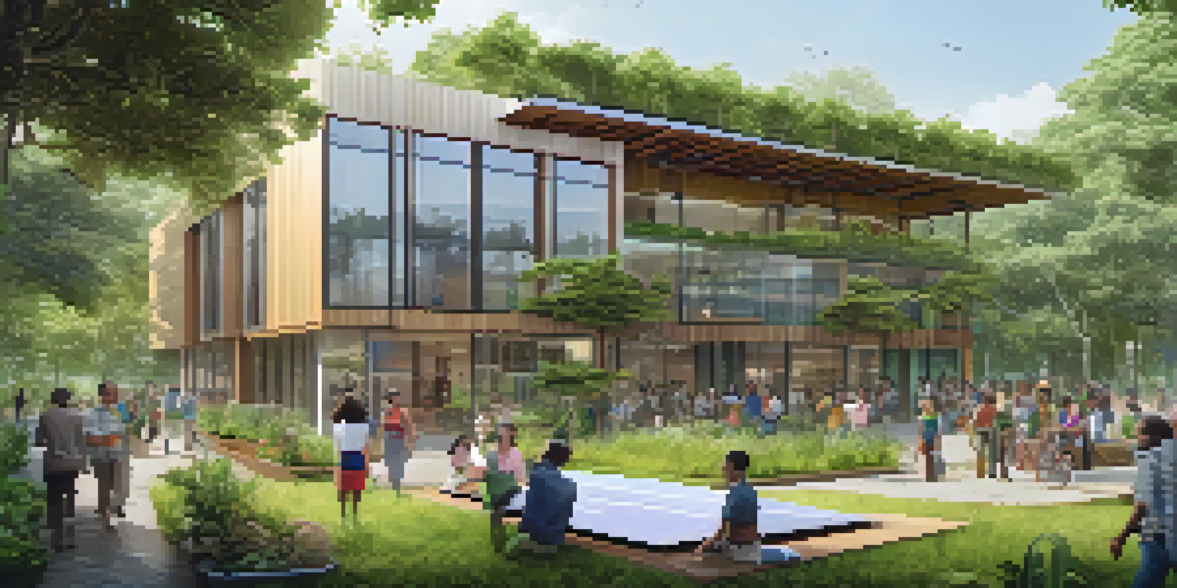A sustainable building with solar panels and green surroundings, with people participating in community activities.