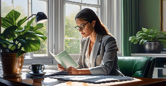A professional woman reviewing financial documents at her desk, with a laptop and a cup of coffee on the table, in a well-lit room.
