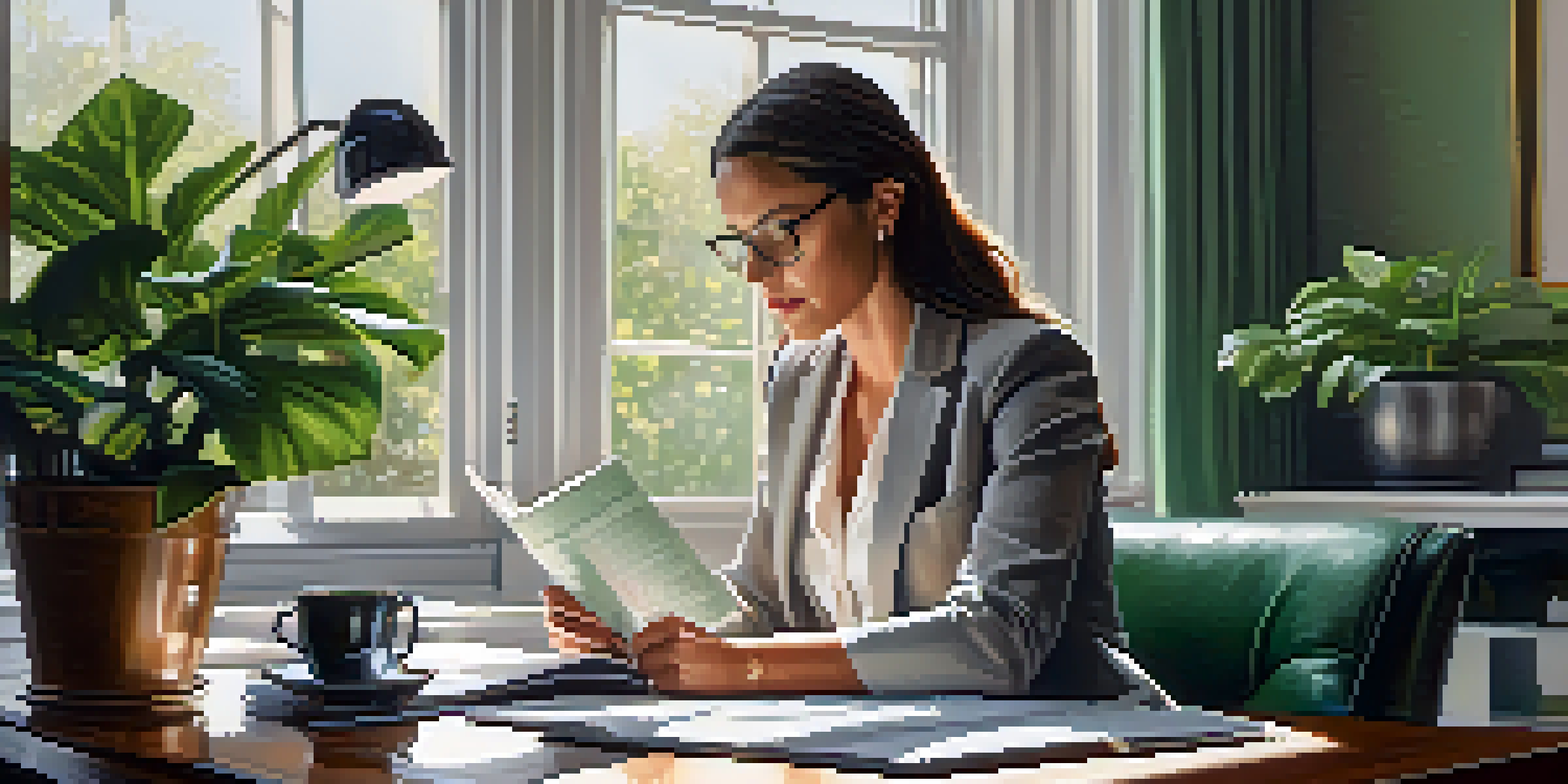A professional woman reviewing financial documents at her desk, with a laptop and a cup of coffee on the table, in a well-lit room.