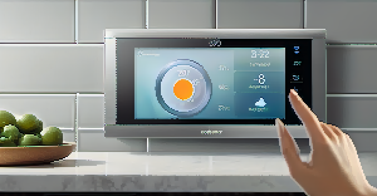 A close-up of a smart thermostat displaying its interface with a hand adjusting the temperature.