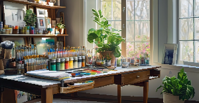 A painting workspace with paint supplies on a wooden table, illuminated by soft natural light from a window.
