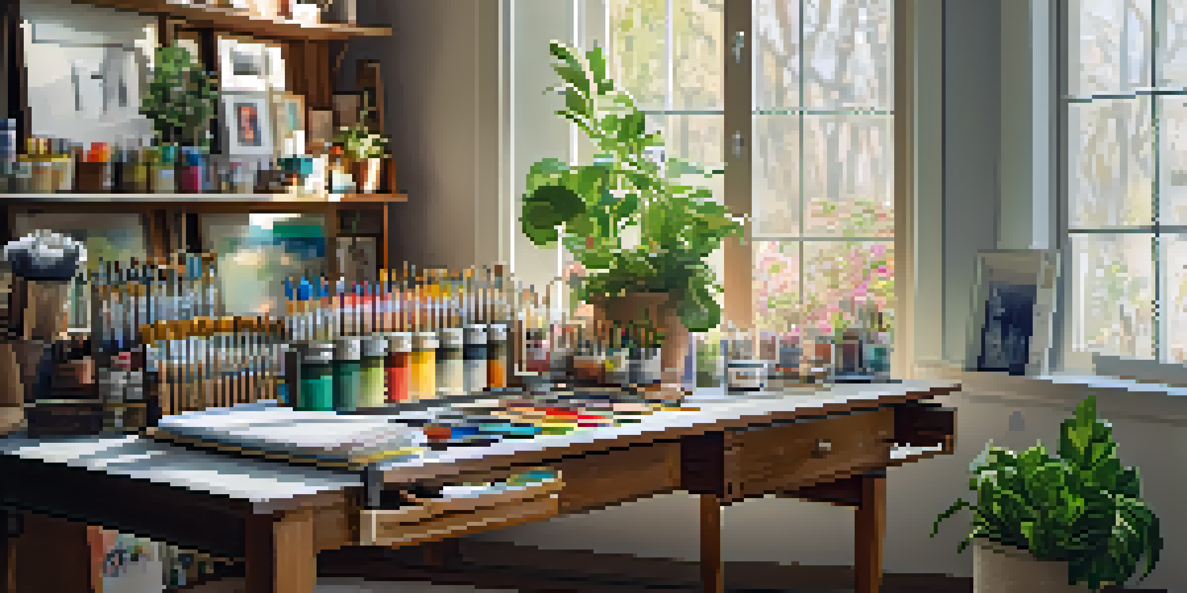 A painting workspace with paint supplies on a wooden table, illuminated by soft natural light from a window.