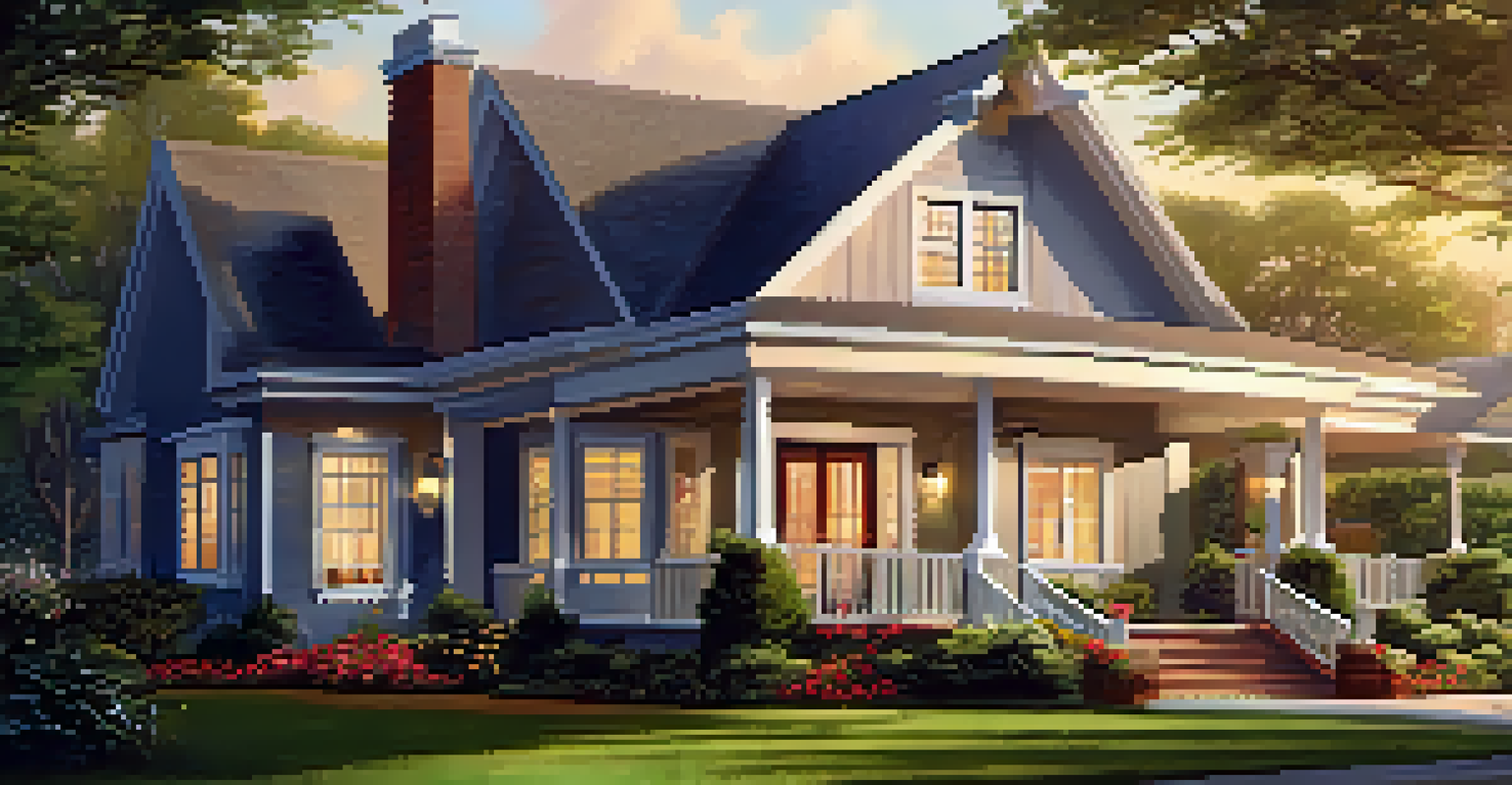 A charming house for sale with a 'For Sale' sign in a beautifully landscaped yard during sunset.