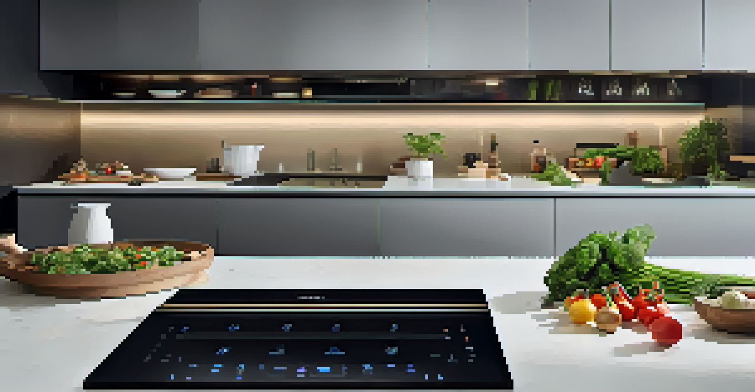 A stylish integrated cooking station with induction cooking, grilling, and sous vide features, surrounded by fresh ingredients and soft lighting.