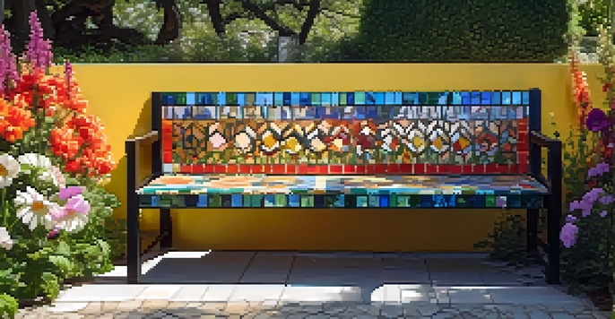 A colorful mosaic bench in a sunny garden surrounded by blooming flowers, showcasing intricate patterns.