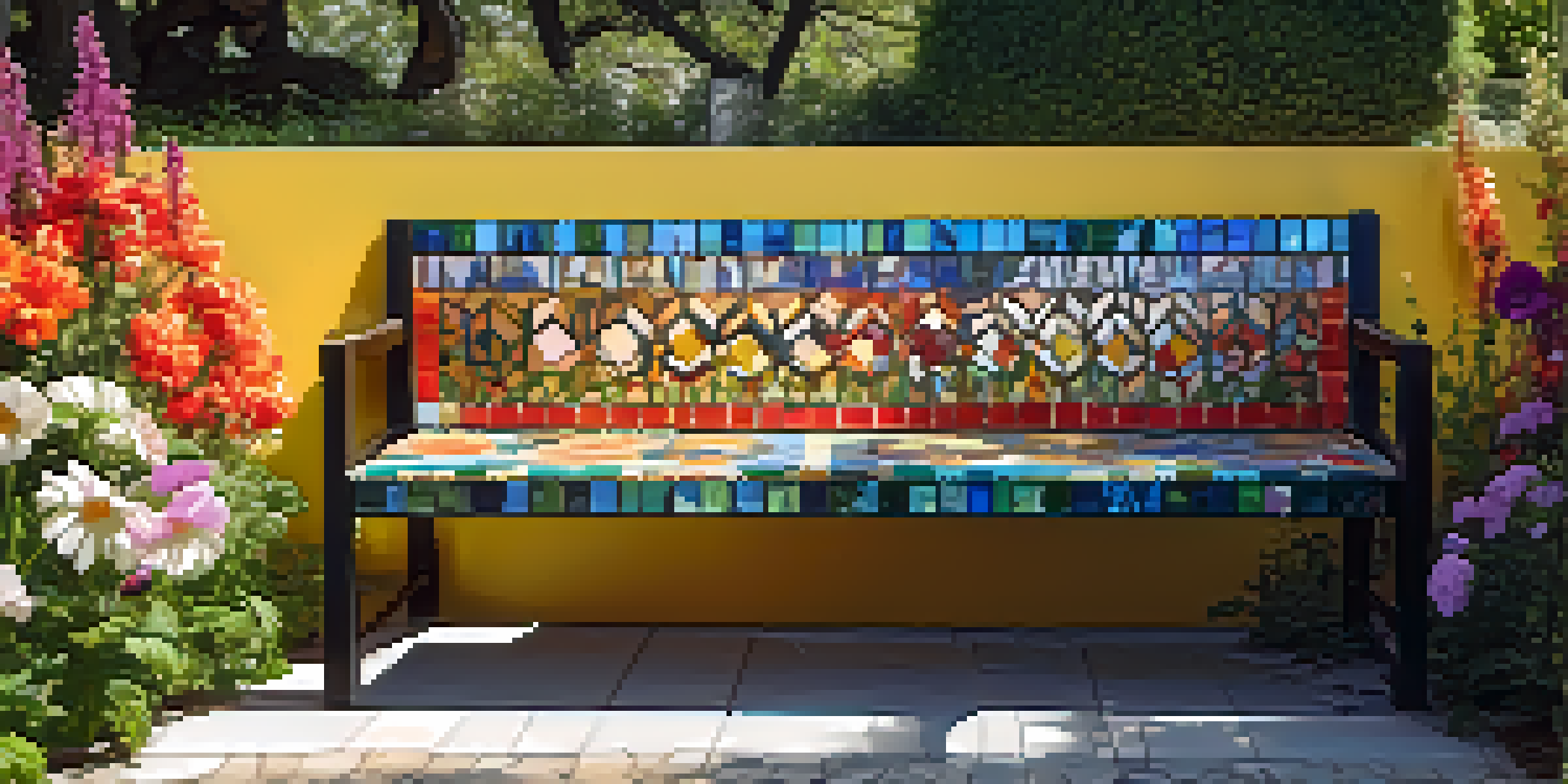 A colorful mosaic bench in a sunny garden surrounded by blooming flowers, showcasing intricate patterns.