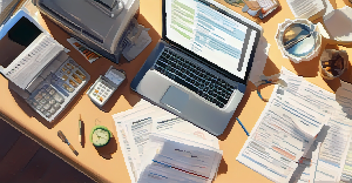 A neatly organized desk with a laptop displaying a mortgage application, surrounded by financial documents and a calculator, illuminated by warm sunlight.