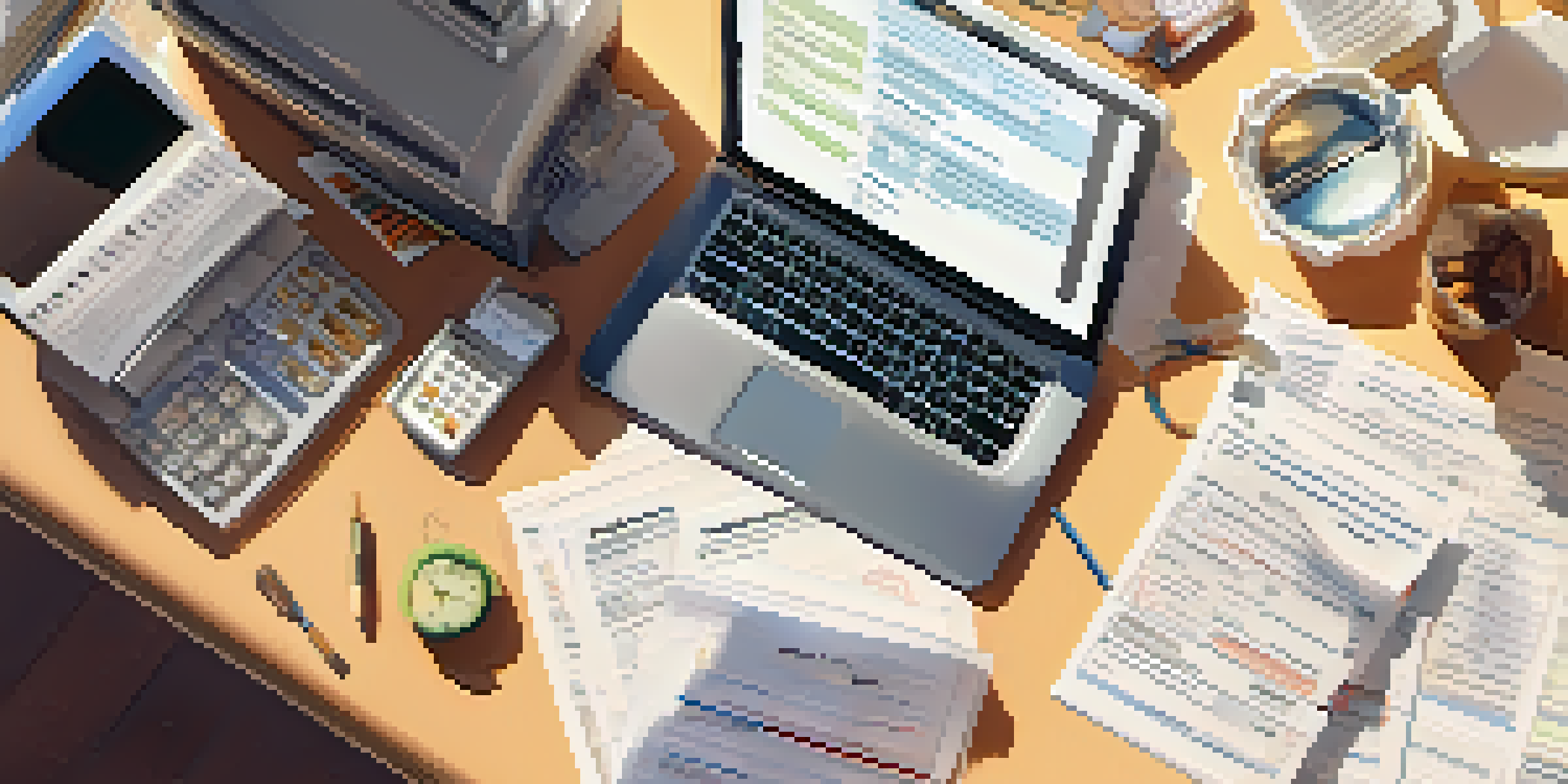 A neatly organized desk with a laptop displaying a mortgage application, surrounded by financial documents and a calculator, illuminated by warm sunlight.