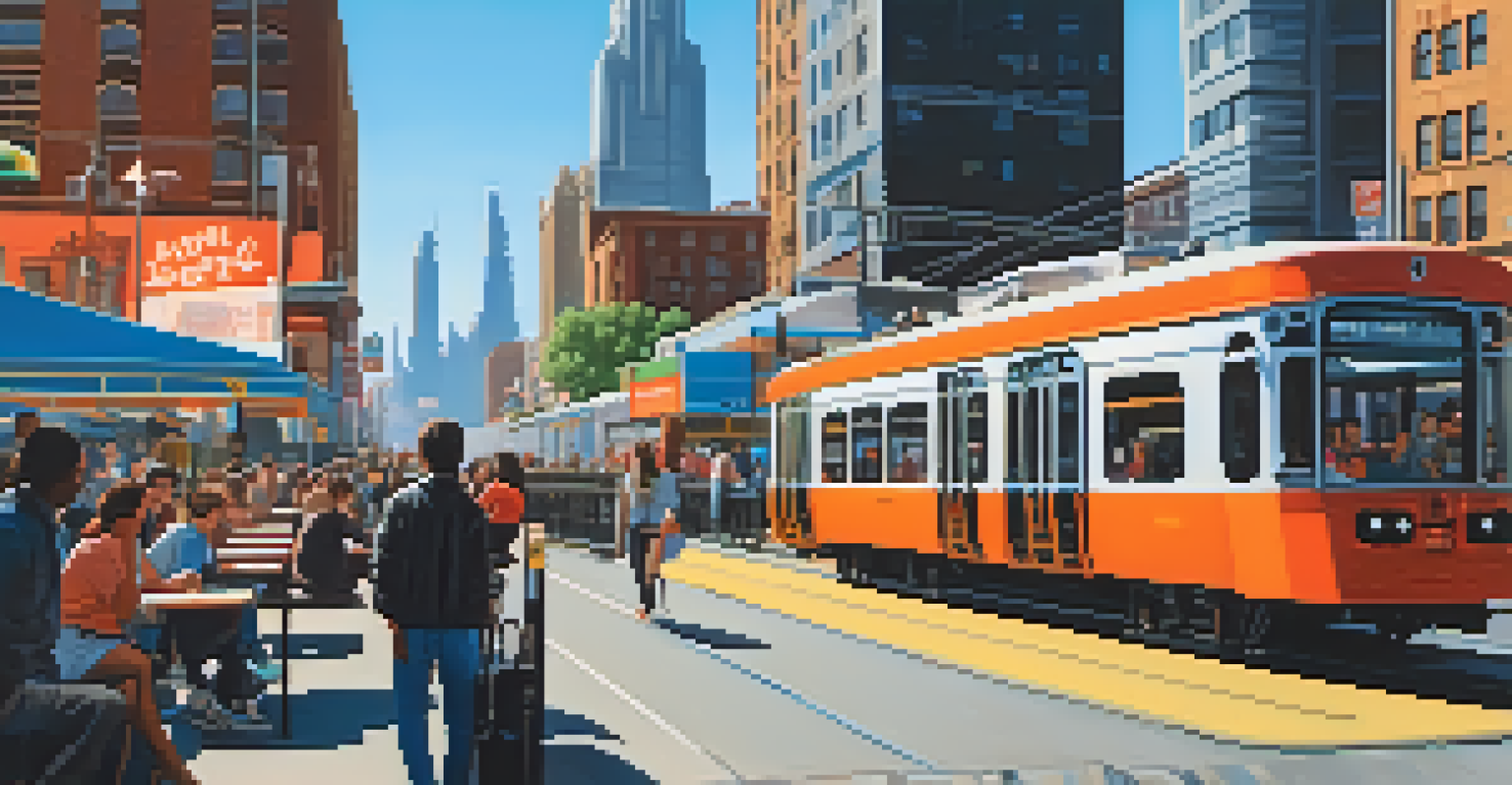 A lively urban environment with skyscrapers and people commuting on a sunny day.