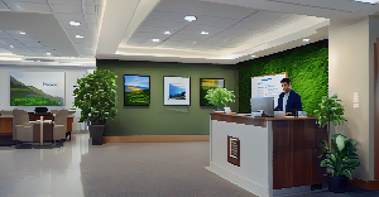 A property management office with a friendly staff member at the reception desk, showcasing property listings and a welcoming atmosphere.