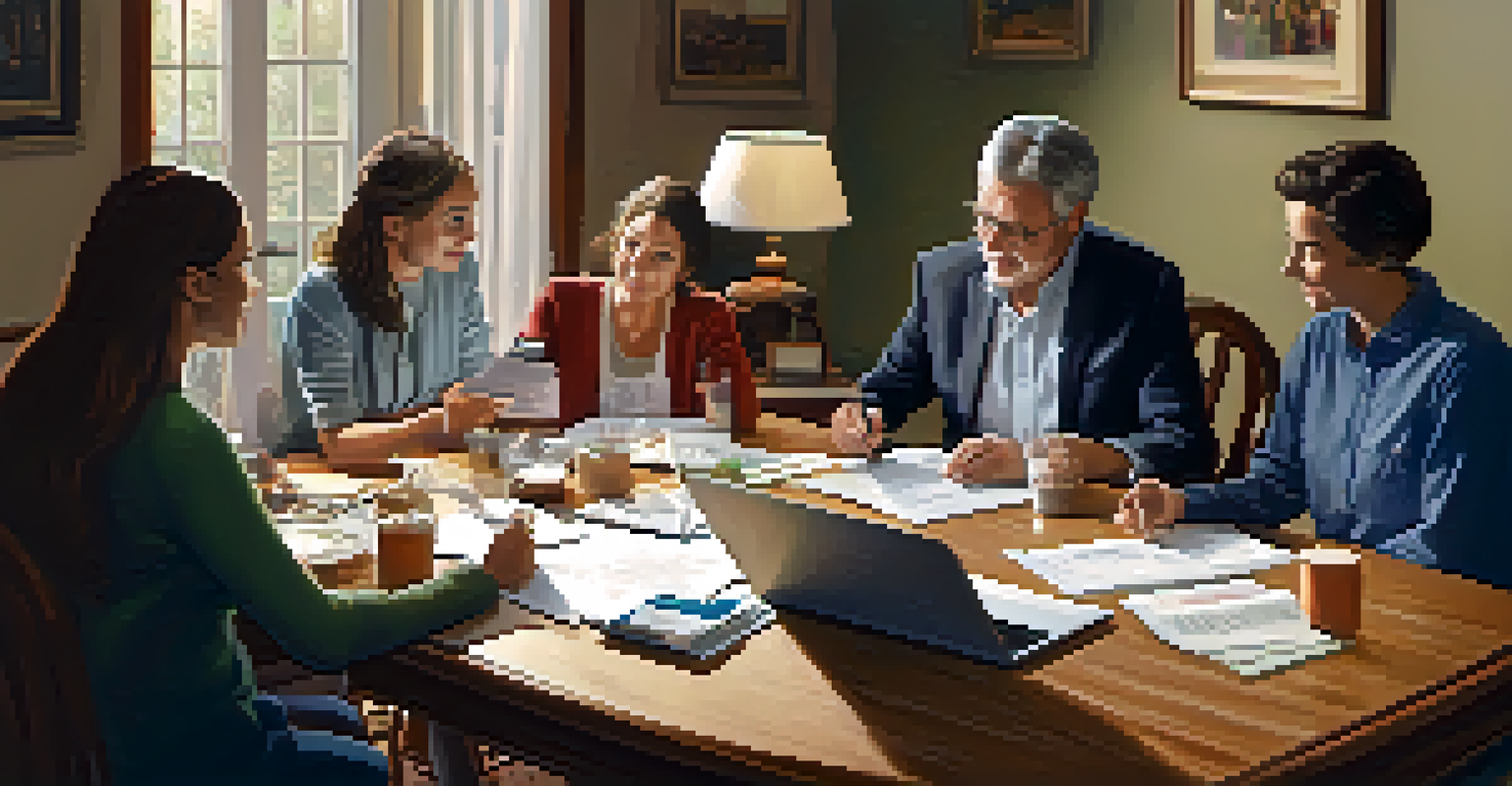 Three generations of a family gathered around a dining table discussing finances, with documents and a laptop present.