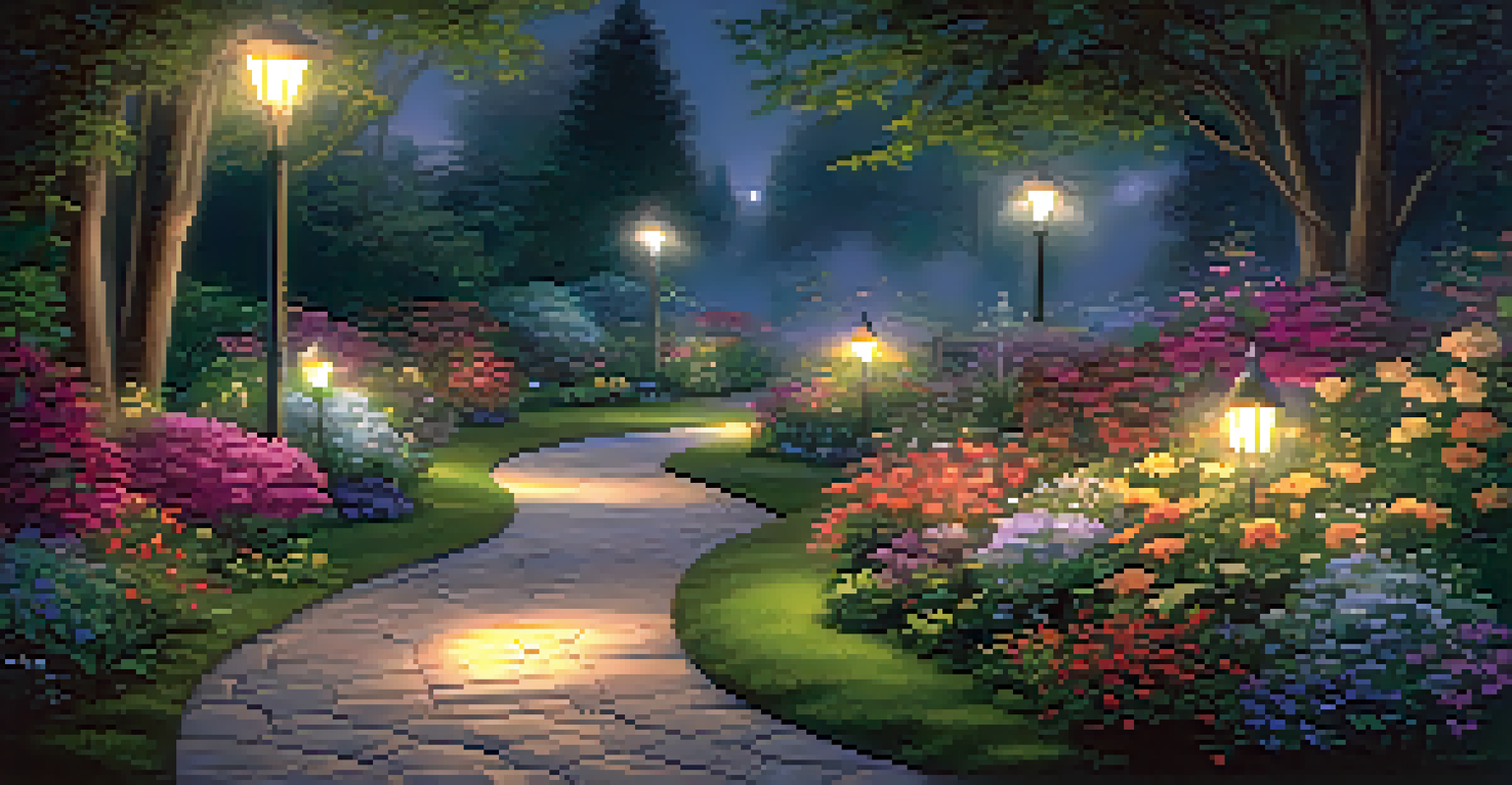 A garden pathway illuminated by solar-powered lights, surrounded by flowers and plants, creating an enchanting nighttime atmosphere.