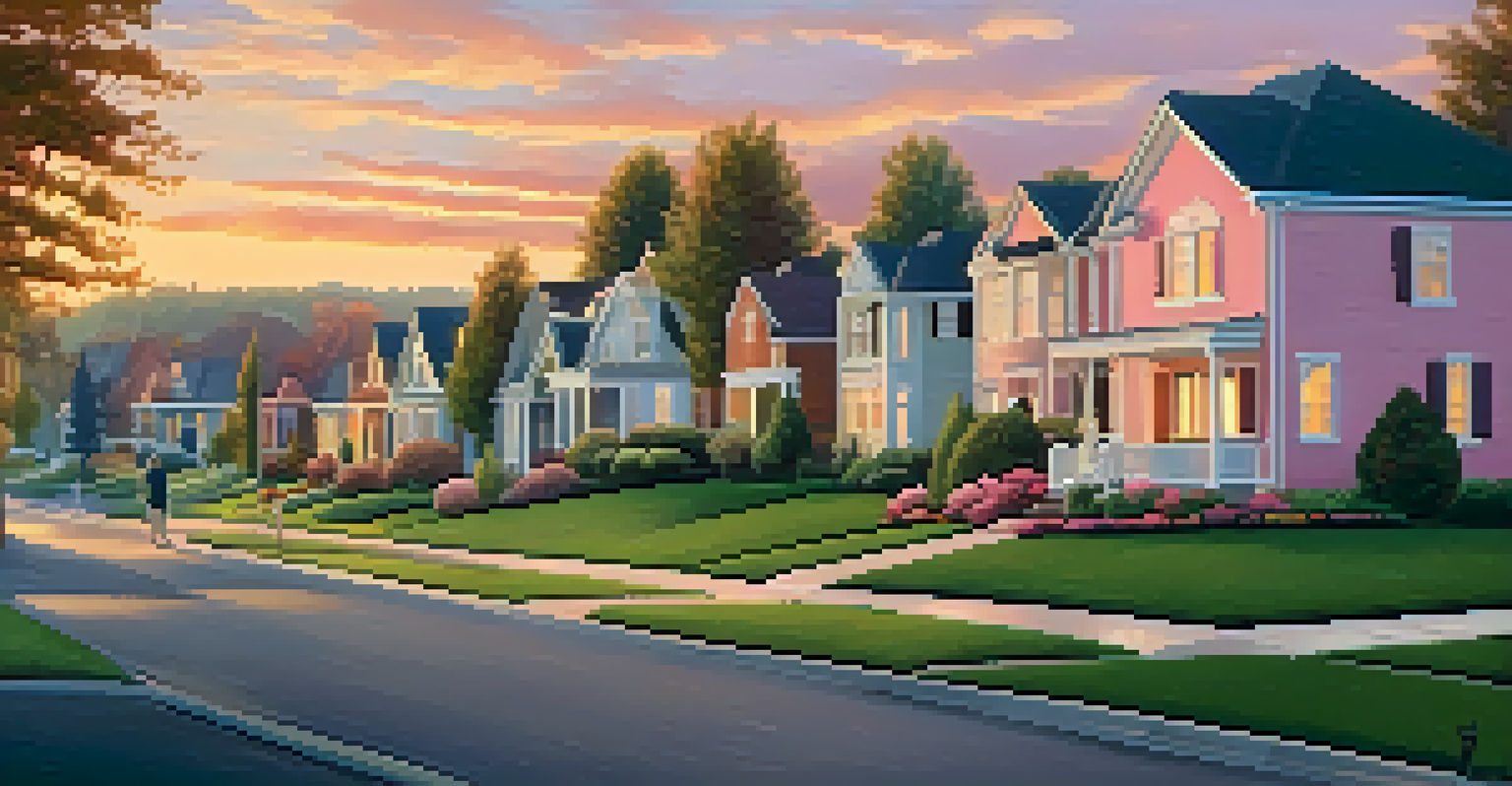 Suburban neighborhood at sunset with beautiful homes and a family walking a dog.