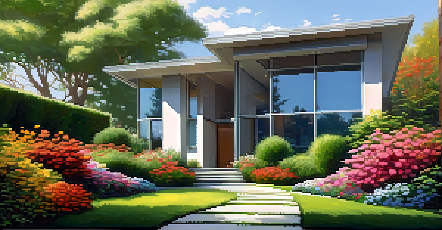 A modern home with a beautiful garden, large reflective windows, and a clear blue sky in the background.