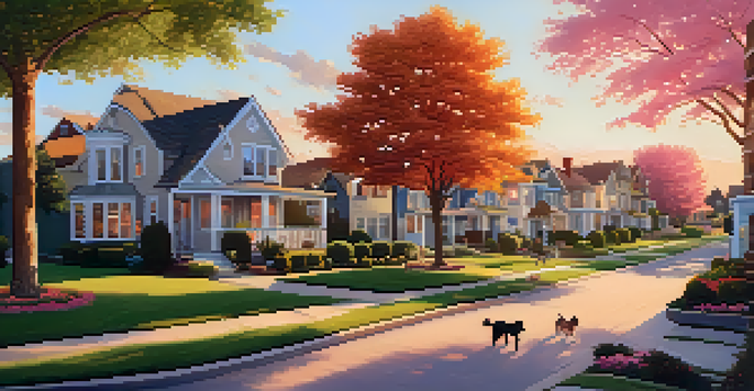 A suburban neighborhood with diverse houses, children playing, and a couple walking a dog during sunset.