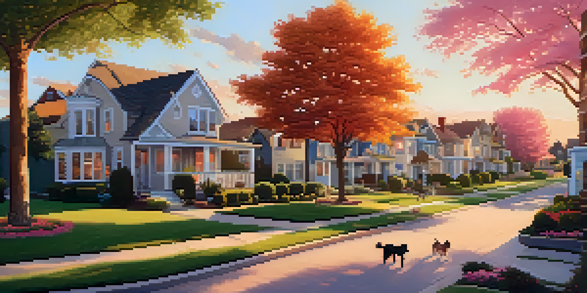 A suburban neighborhood with diverse houses, children playing, and a couple walking a dog during sunset.