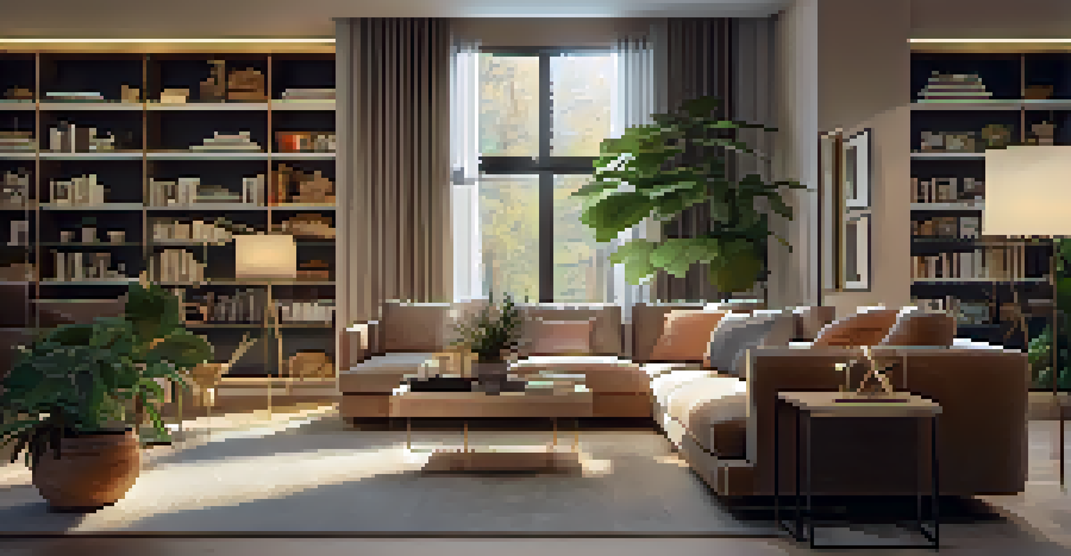 A stylish living room with a floor lamp next to a sofa, ambient light from the ceiling, and accent lighting on shelves.