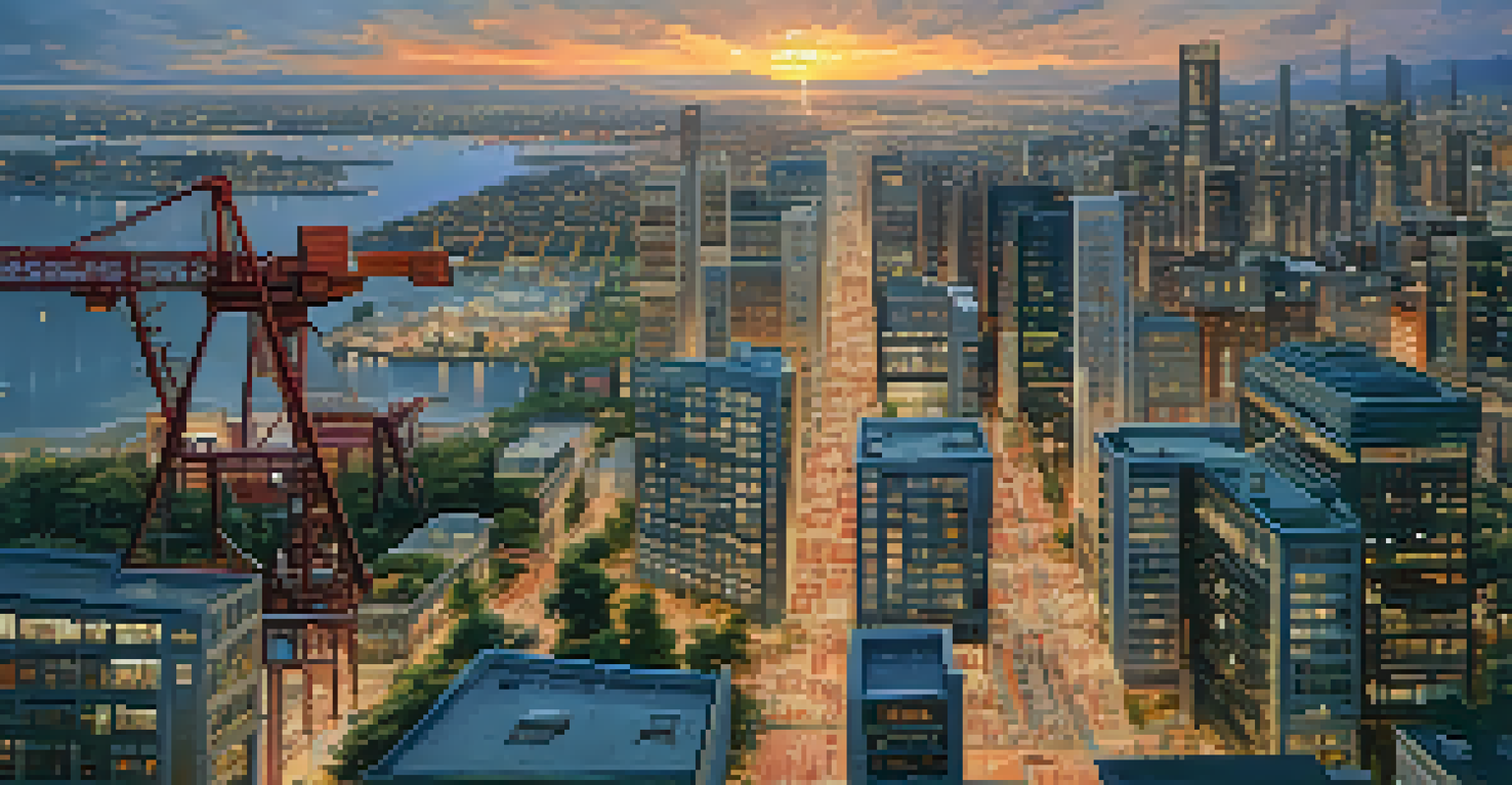 An aerial view of a city skyline at sunset, featuring residential and commercial buildings along with cranes for new construction. A digital overlay shows fluctuating interest rates.