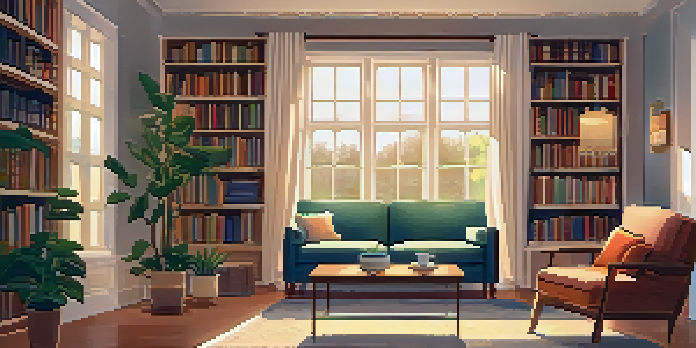 A warm and inviting living room with a comfortable sofa, a coffee table with a plant, and books on a shelf, illuminated by soft natural light from a window.