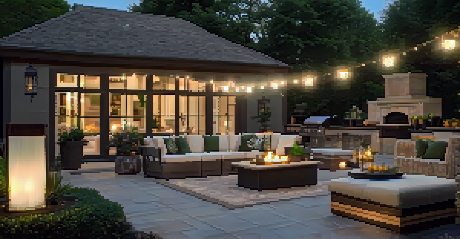 An outdoor living area with a stylish patio, outdoor kitchen, and landscaped pathways, illuminated by elegant outdoor lighting.