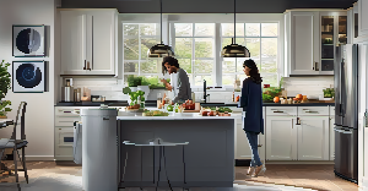 A stylish kitchen with smart appliances and a family cooking together.