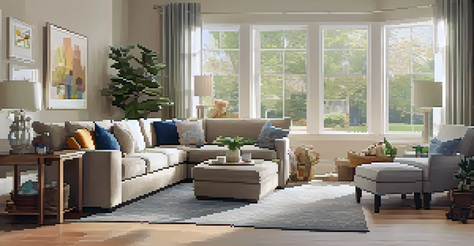 A warm and inviting family living room with a sectional sofa, coffee table, and sunlight streaming through large windows, toys in a corner.