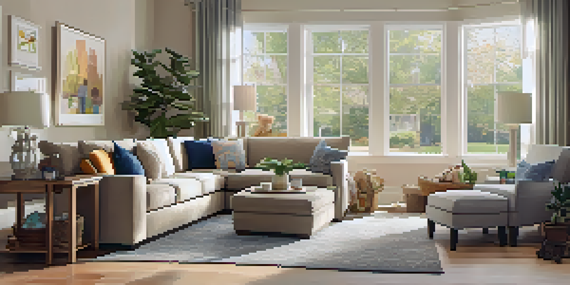 A warm and inviting family living room with a sectional sofa, coffee table, and sunlight streaming through large windows, toys in a corner.