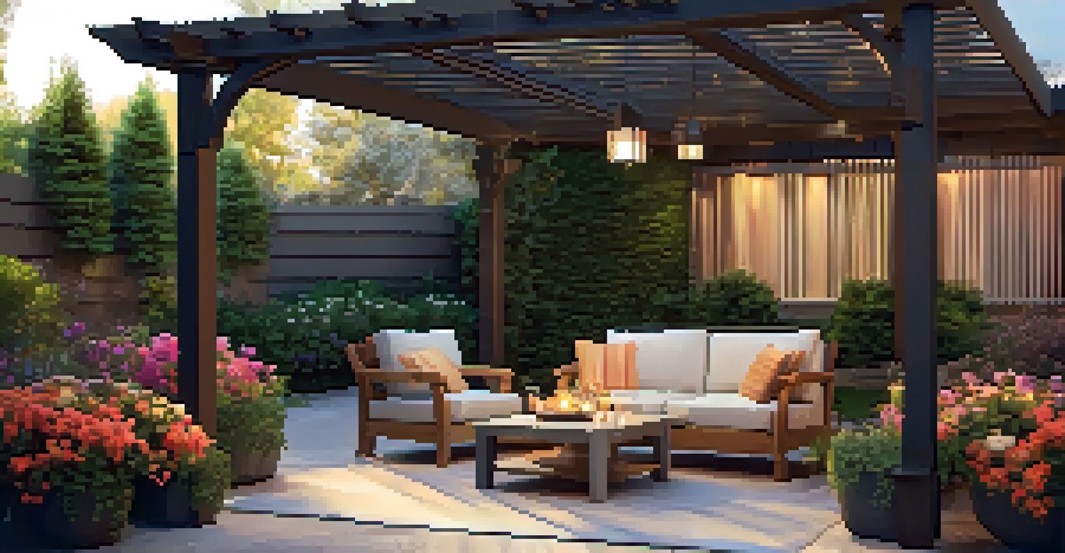 An inviting outdoor garden with seating and a pergola, illuminated by soft lighting.