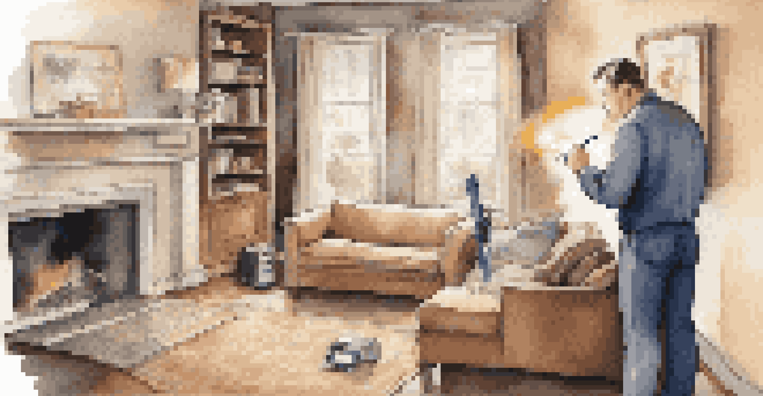 A home inspector thoroughly checking a living room for safety hazards, highlighting the importance of regular inspections.
