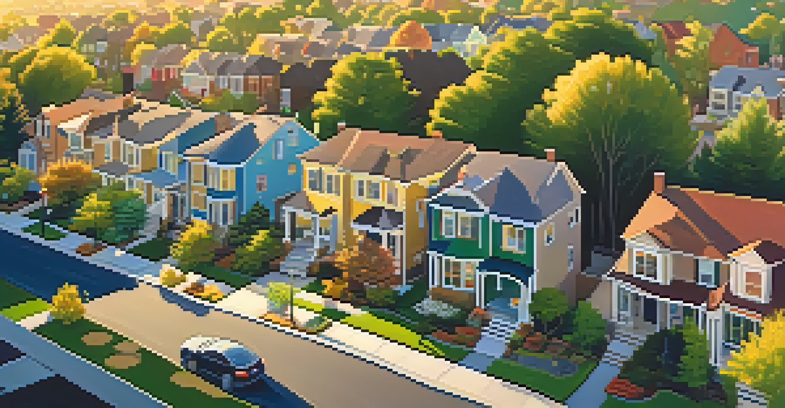 An aerial view of a colorful neighborhood during sunset, featuring modern homes and green spaces.