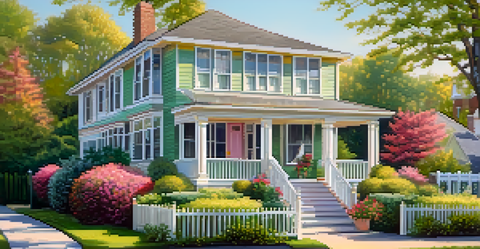 A beautiful suburban home with a pastel exterior, well-maintained garden, and elegant window treatments, bathed in warm sunlight.