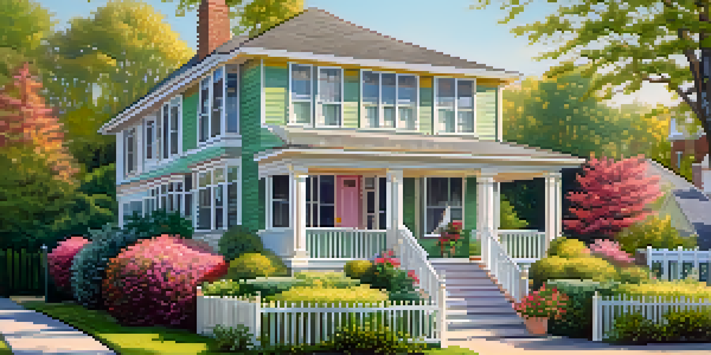 A beautiful suburban home with a pastel exterior, well-maintained garden, and elegant window treatments, bathed in warm sunlight.