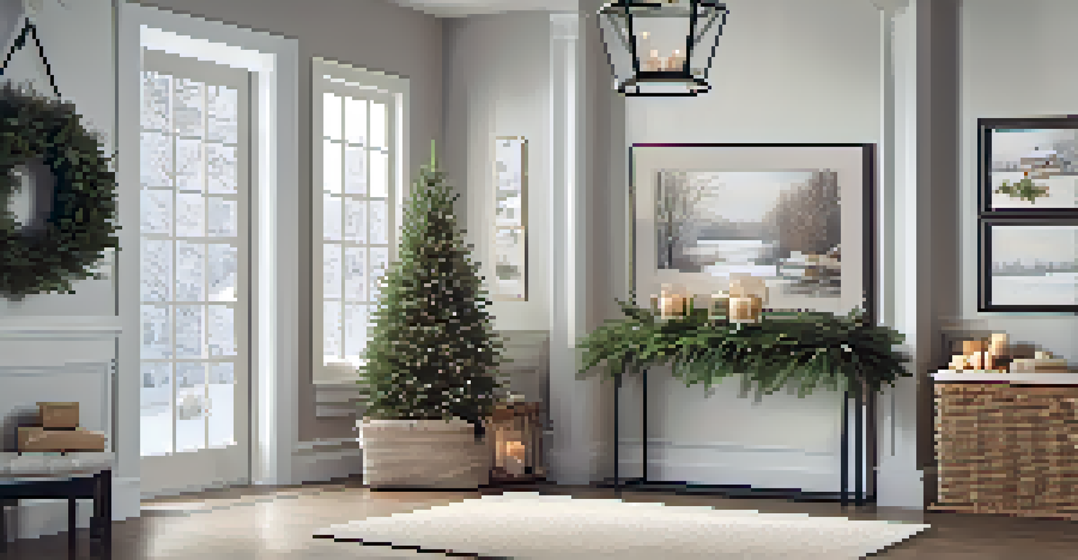 A stylish winter entryway with metallic storage, a white rug, lanterns, and evergreen plants, creating a cozy atmosphere.
