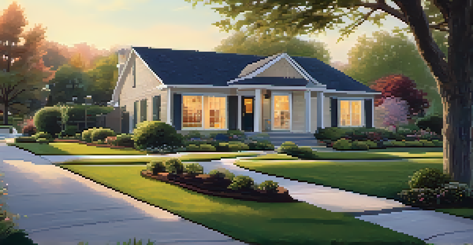 A peaceful suburban home designed for accessibility, featuring gardens and older adults enjoying the outdoor space in a warm light.