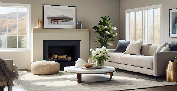 A cozy living room with a modern sofa, coffee table, flowers, and natural light from a window.