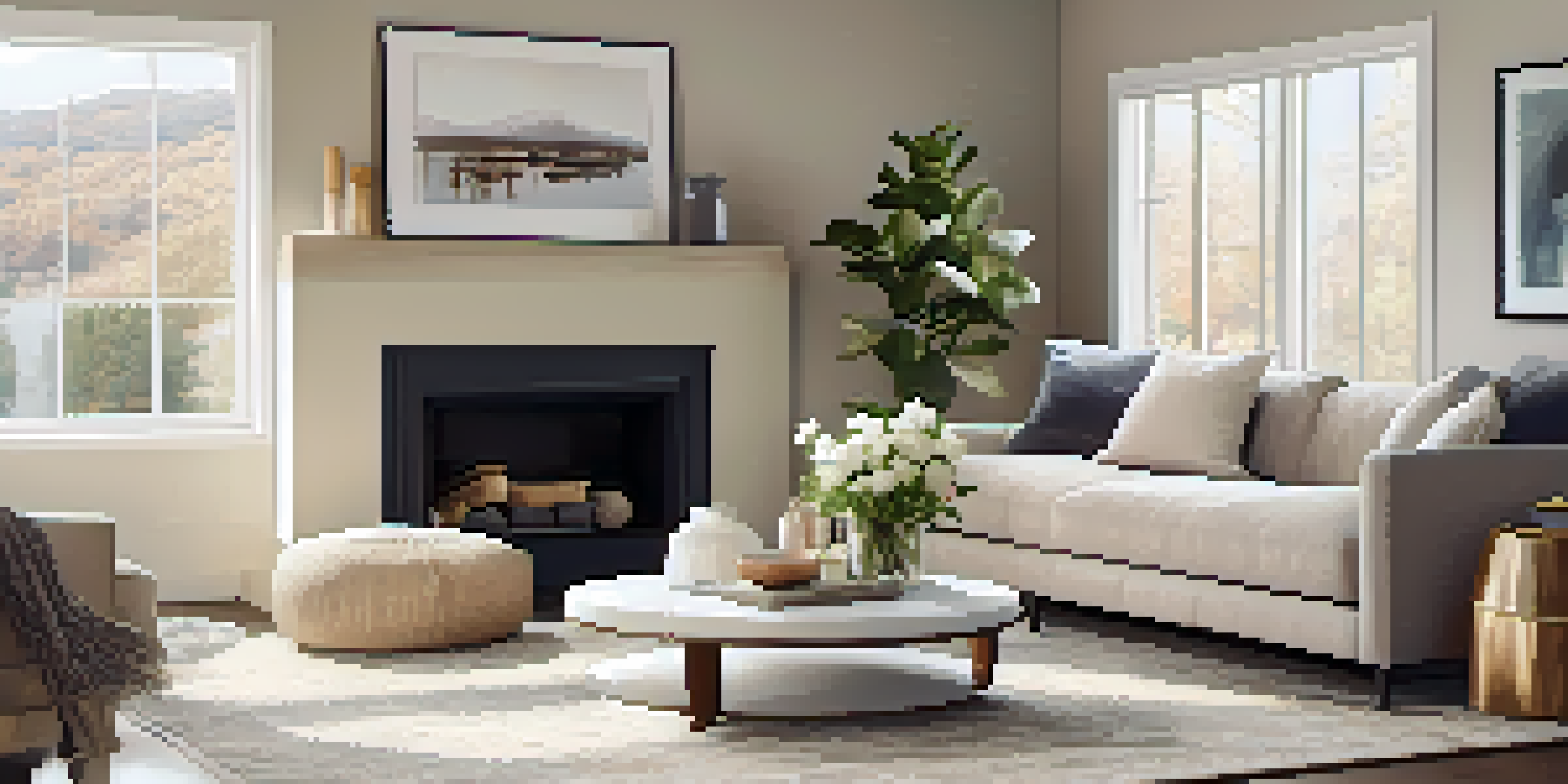 A cozy living room with a modern sofa, coffee table, flowers, and natural light from a window.