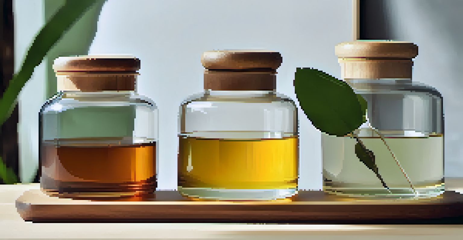 A close-up of natural oils and waxes in glass containers next to a piece of sustainably sourced wood, showcasing rich textures and colors.