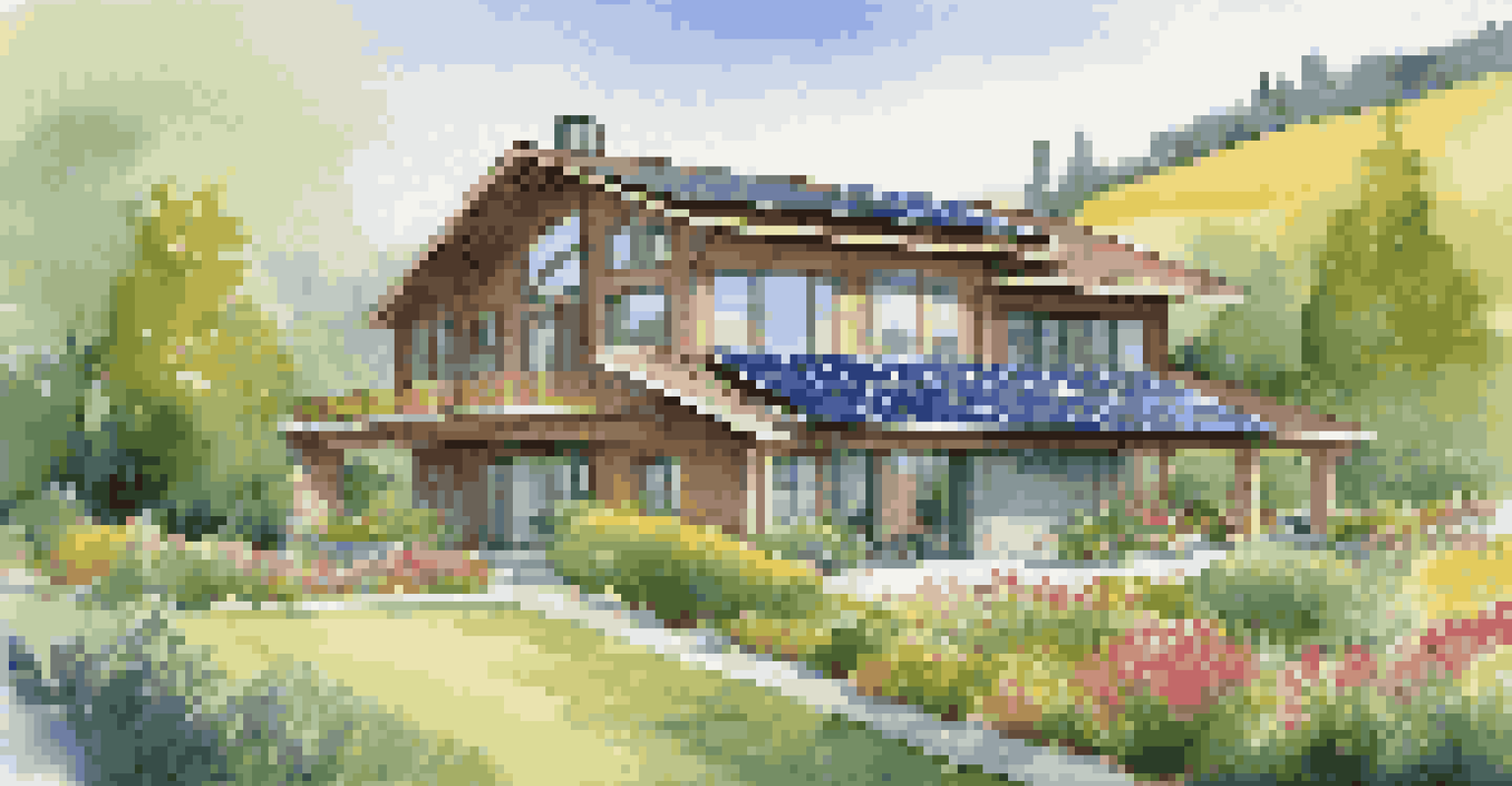 An eco-friendly home with solar panels and a garden, surrounded by rolling hills and vibrant flowers, under bright sunlight.