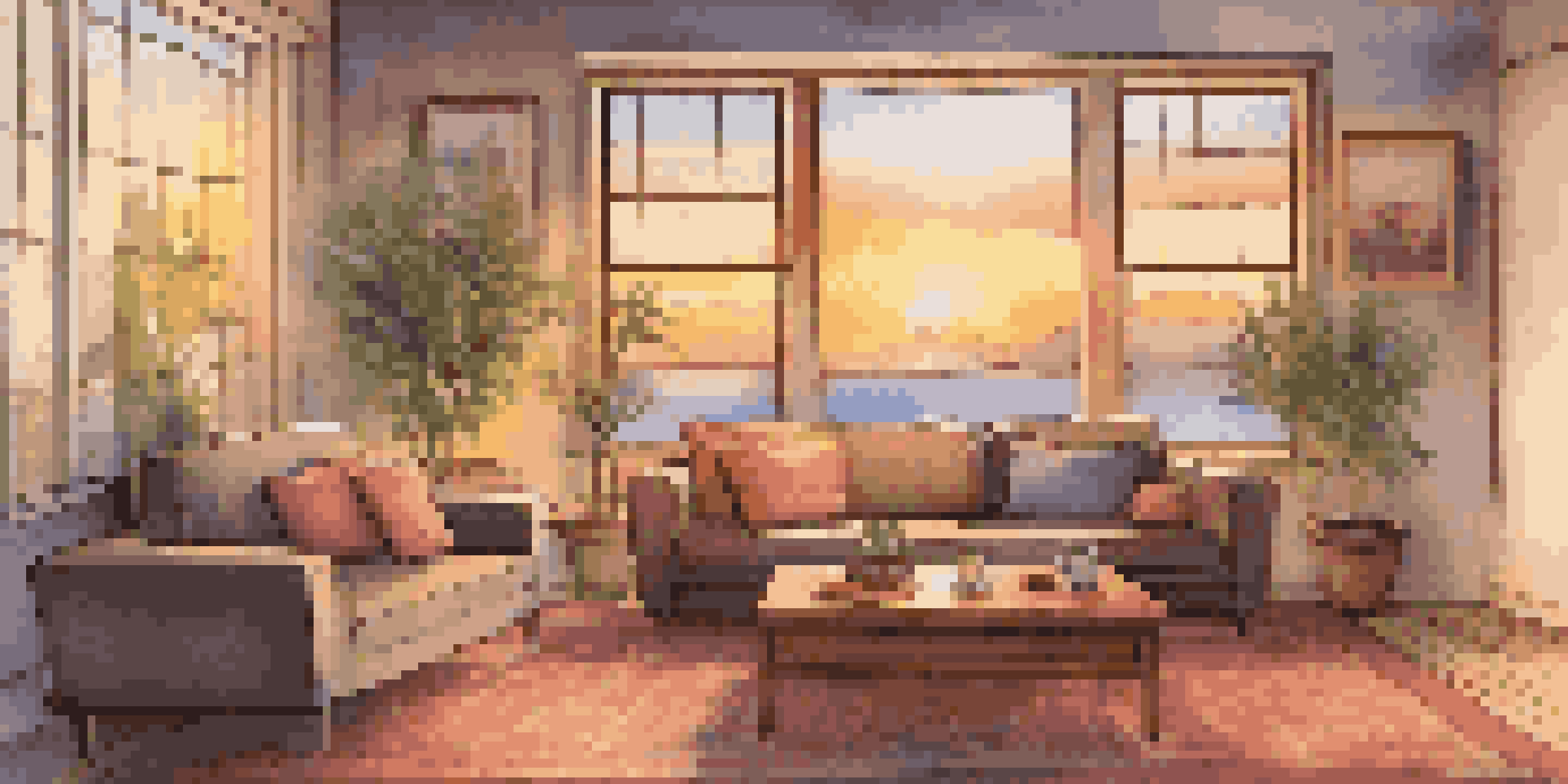 A cozy living room with a sofa, coffee table, plant, sunset view outside the window, and framed pictures on the wall.