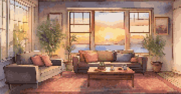 A cozy living room with a sofa, coffee table, plant, sunset view outside the window, and framed pictures on the wall.