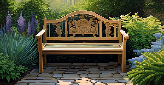 A rustic wooden bench in a garden, surrounded by native plants, with sunlight filtering through trees.