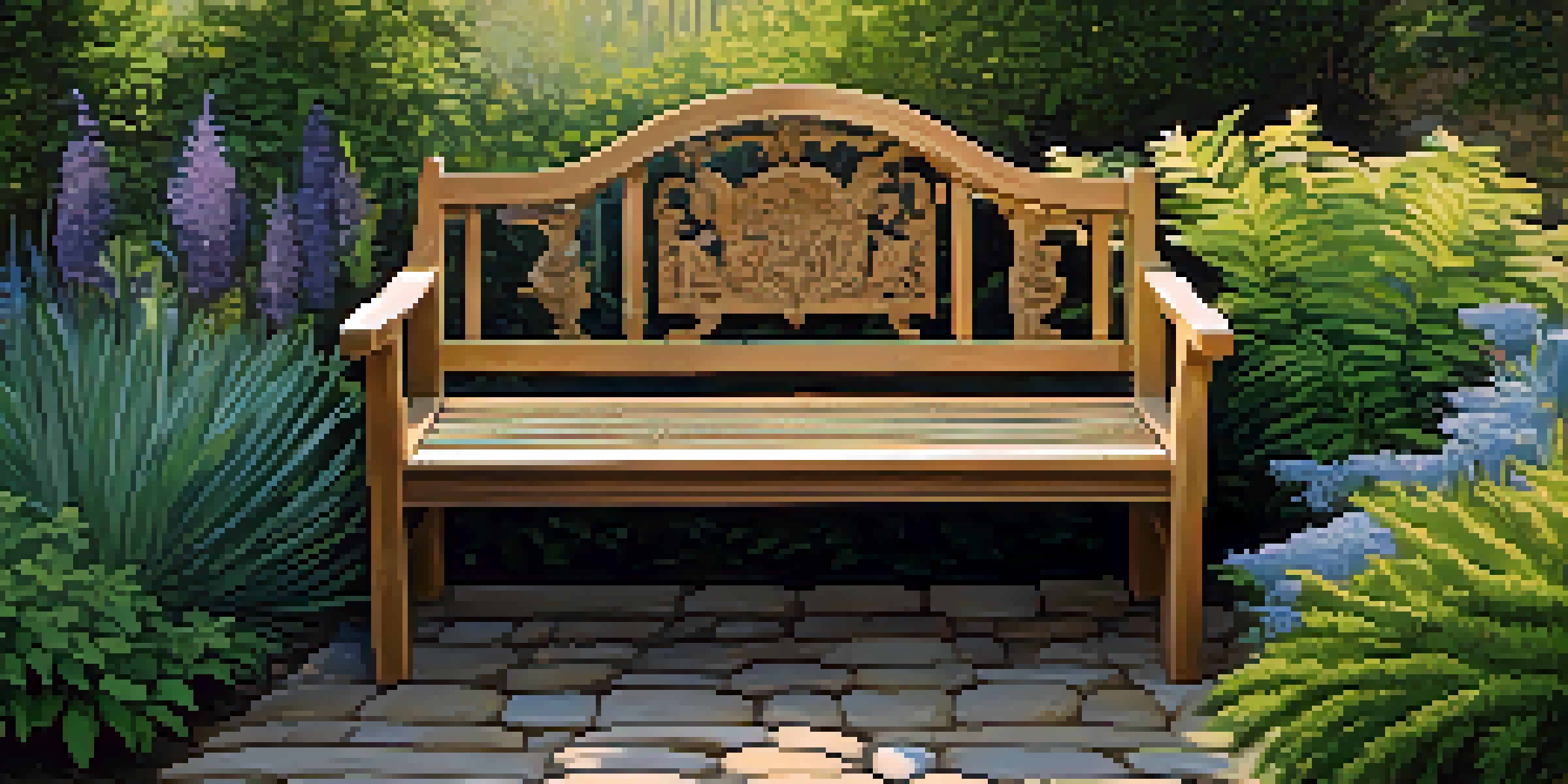A rustic wooden bench in a garden, surrounded by native plants, with sunlight filtering through trees.