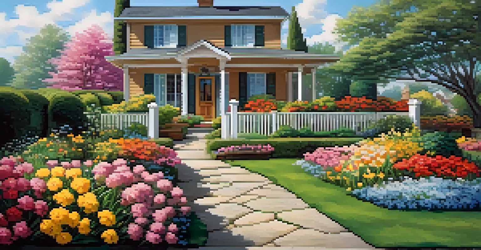 A bright and colorful garden in spring with blooming flowers, a lawn, and a pathway leading to a house.