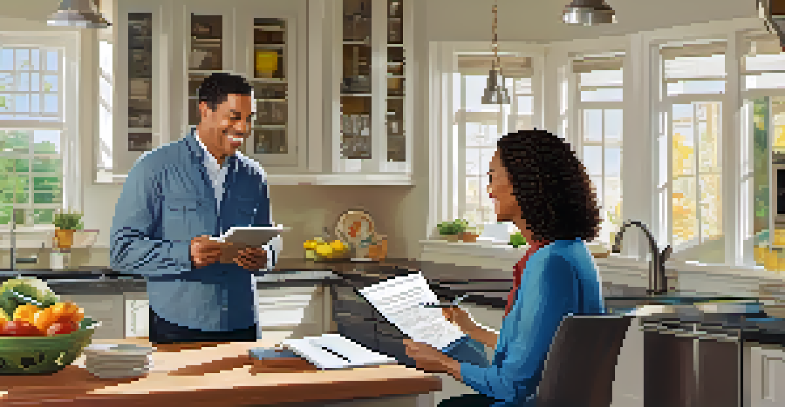 A homeowner and home inspector discussing findings in a bright and organized kitchen.