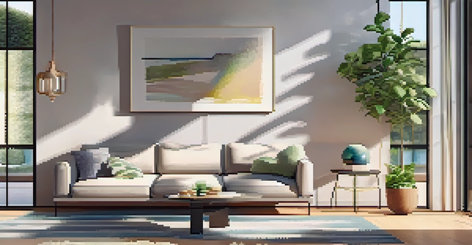 A bright and cozy living room with a modern sofa, coffee table, and large windows letting in sunlight, decorated with abstract art.
