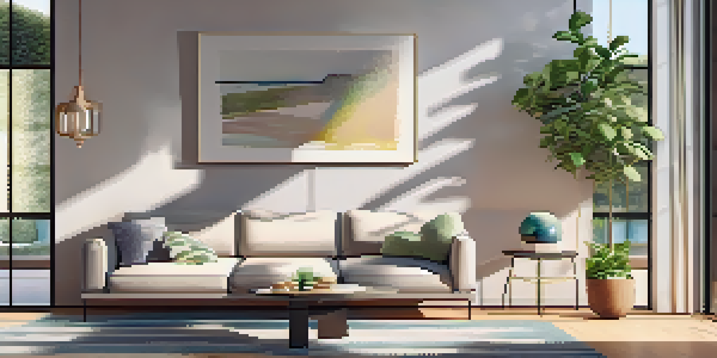 A bright and cozy living room with a modern sofa, coffee table, and large windows letting in sunlight, decorated with abstract art.